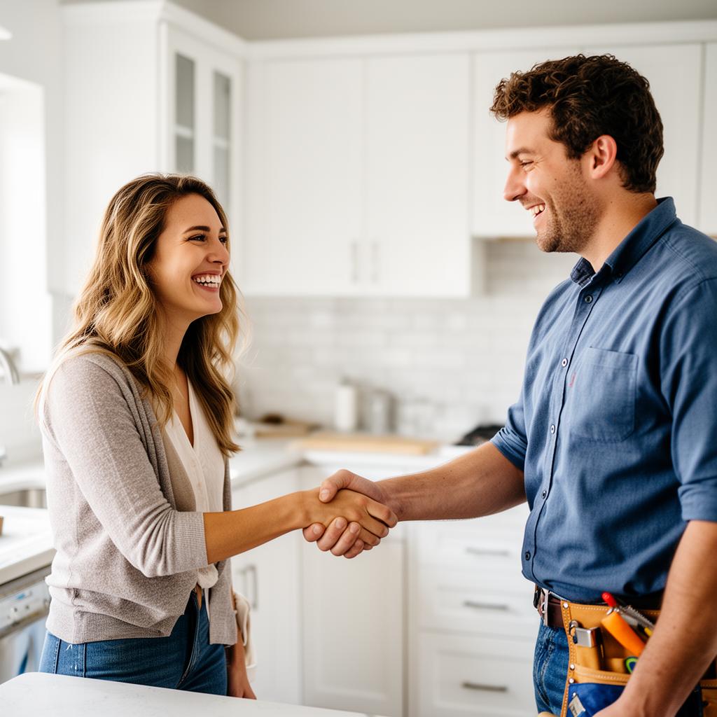 Happy homeowner shaking hands with a matched contractor